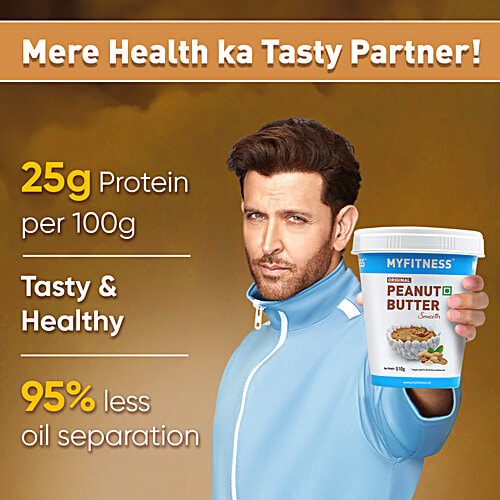 Myfitness Peanut Butter - Original, Smooth, Rich In Taste, Flavour, Creamy Texture, 227 g Tub Premium Roasted Peanuts
 High in Protein
 No Oil Separation
