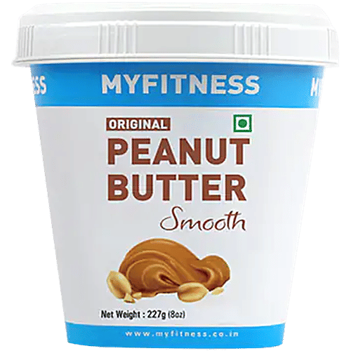 Myfitness Peanut Butter - Original, Smooth, Rich In Taste, Flavour, Creamy Texture, 227 g Tub Premium Roasted Peanuts
 High in Protein
 No Oil Separation