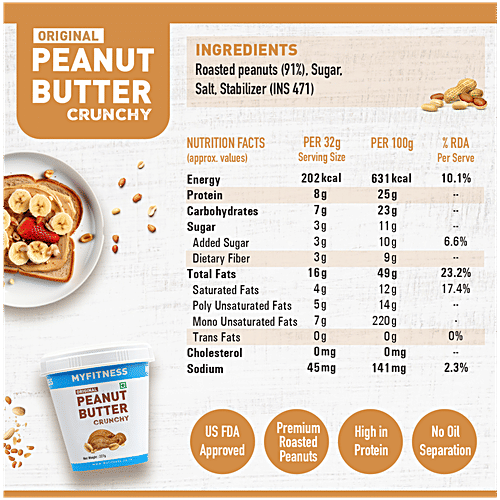 Myfitness Peanut Butter - Original, Crunchy, Rich In Taste, Flavour, Creamy Texture, 227 g Tub High Protein
 No Oil Separation
 Healthy & Tasty