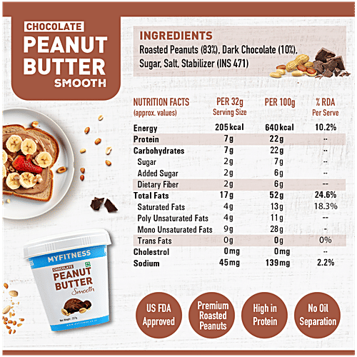 Myfitness Peanut Butter - Chocolate, Smooth, Rich In Taste, Flavour, Creamy Texture, 227 g Tub Tasty & Chocolatey
High in Protein