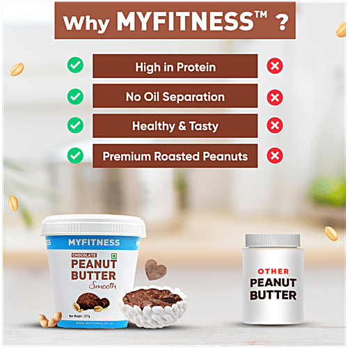 Myfitness Peanut Butter - Chocolate, Smooth, Rich In Taste, Flavour, Creamy Texture, 227 g Tub Tasty & Chocolatey
High in Protein