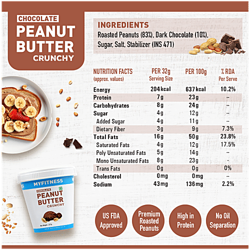 Myfitness Peanut Butter - Chocolate, Crunchy, Rich In Taste, Flavour, Creamy Texture, 227 g Tub High in Protein
 No Oil Separation
 Healthy & Tasty