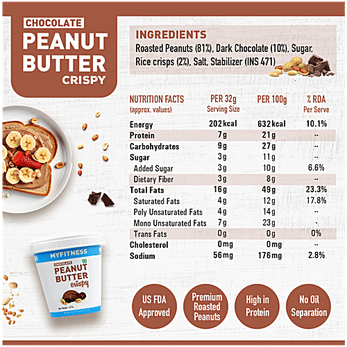 Myfitness Peanut Butter - Chocolate, Crispy, Rich In Taste, Flavour, Creamy Texture, 227 g Tub High in Protein
 No Oil Separation
 Healthy & Tasty