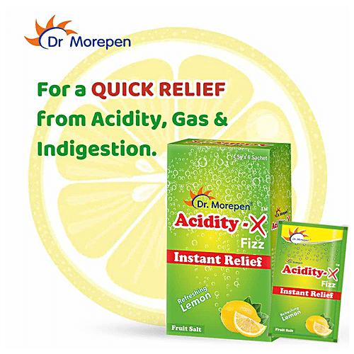 Dr. Morepen Acidity-X Fizz - Instant Relief From Acidity, Indigestion & Gas, Tangy, Lemon Flavour, 4.5 g (Pack of 6) 