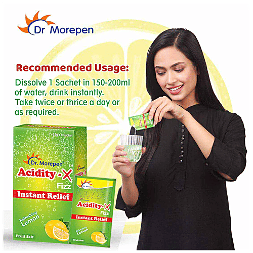 Dr. Morepen Acidity-X Fizz - Instant Relief From Acidity, Indigestion & Gas, Tangy, Lemon Flavour, 4.5 g (Pack of 6) 