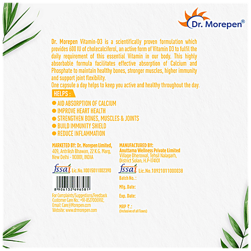 Buy Dr. Morepen Vitamin D3 Soft Gel Capsules 600 IU, Supports
