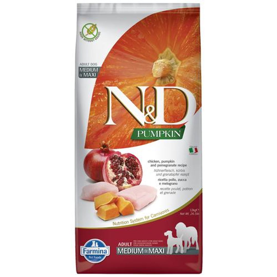 FARMINA PET FOODS N&D Pumpkin Dog Dry Food For Adult - Chicken & Pomegranate, Grain Free, Medium & Maxi Breed, 12 kg 