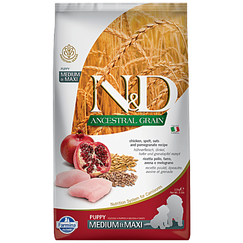 Farmina Pet Foods N&D Ancestral Grain Dog Dry Food For Puppy - Chicken & Pomegranate, Medium & Maxi Breed, 2.5 kg  