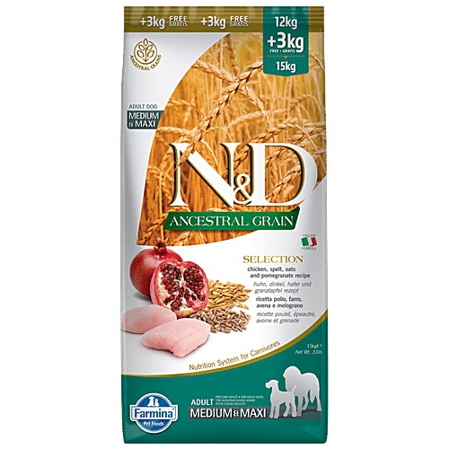 Farmina Pet Foods N&D Ancestral Grain Dog Dry Food – Chicken & Pomegranate, Selection, Adult- Medium & Maxi Breed, 15 kg (12 Kg + 3 Kg Free) 