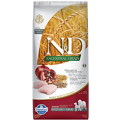 Farmina Pet Foods N&D Ancestral Grain Dog Dry Food - Chicken & Pomegranate For Senior Adult, Medium & Maxi Breed, 12 kg  
