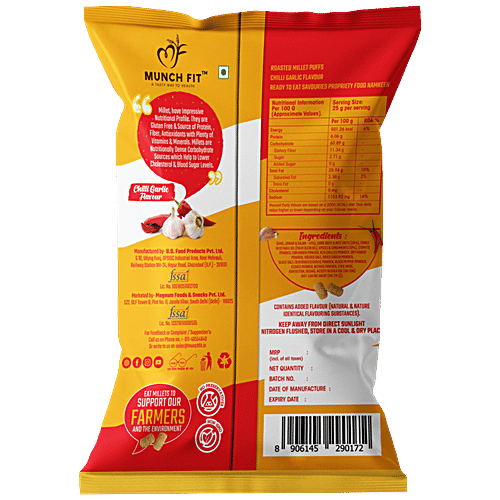 Buy Munch Fit Roasted Millet Puffs Chilli Garlic Flavour, Rich In