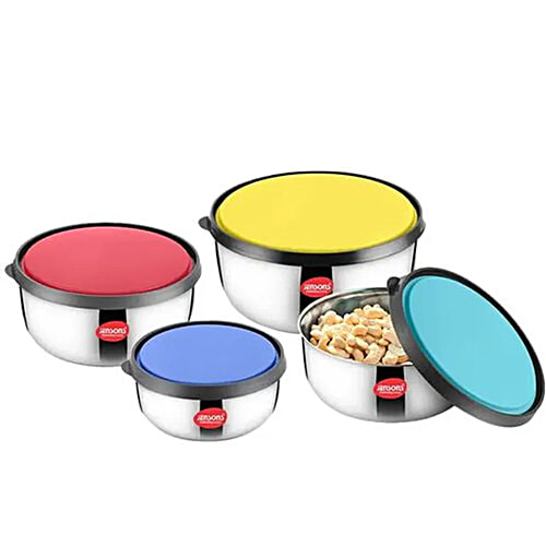 Jensons Fresca Stainless Steel Food Storage Set With Multi Color Lid - Air Tight, BPA Free, Easy To Clean, 4 pcs (375 ml + 625 ml + 1000 ml + 1375 ml) 