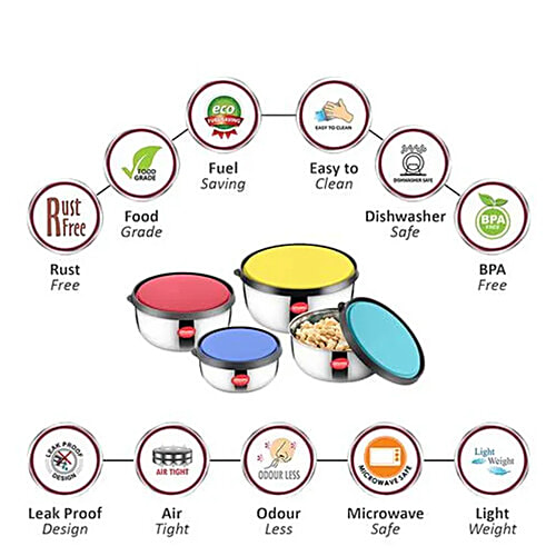 Jensons Fresca Stainless Steel Food Storage Set With Multi Color Lid - Air Tight, BPA Free, Easy To Clean, 4 pcs (375 ml + 625 ml + 1000 ml + 1375 ml) 