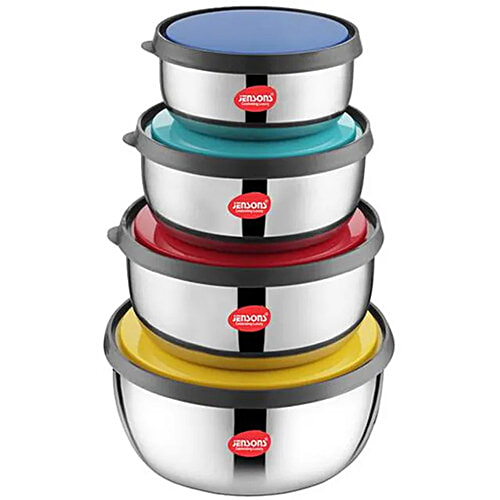 Jensons Fresca Stainless Steel Food Storage Set With Multi Color Lid - Air Tight, BPA Free, Easy To Clean, 4 pcs (375 ml + 625 ml + 1000 ml + 1375 ml) 