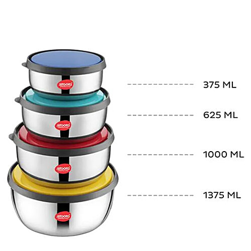 Jensons Fresca Stainless Steel Food Storage Set With Multi Color Lid - Air Tight, BPA Free, Easy To Clean, 4 pcs (375 ml + 625 ml + 1000 ml + 1375 ml) 