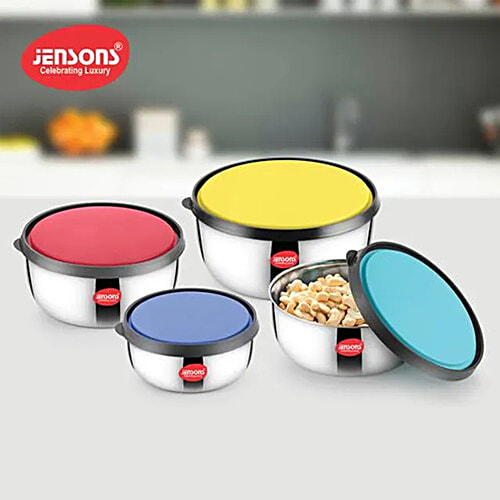 Jensons Fresca Stainless Steel Food Storage Set With Multi Color Lid - Air Tight, BPA Free, Easy To Clean, 4 pcs (375 ml + 625 ml + 1000 ml + 1375 ml) 