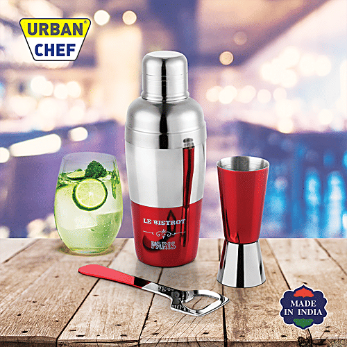 Urban Chef Stainless Steel Bar Accessories - Red, Opener, Cocktail Shaker, Jigger, 3 pcs