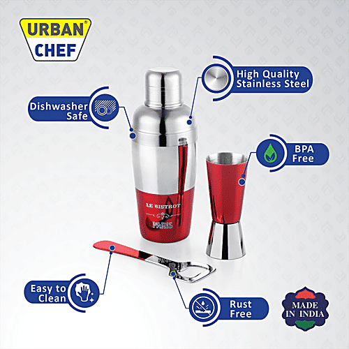 Urban Chef Stainless Steel Bar Accessories - Red, Opener, Cocktail Shaker, Jigger, 3 pcs