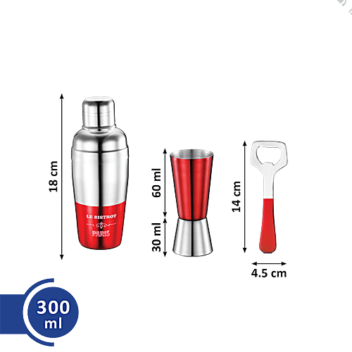 Urban Chef Stainless Steel Bar Accessories - Red, Opener, Cocktail Shaker, Jigger, 3 pcs