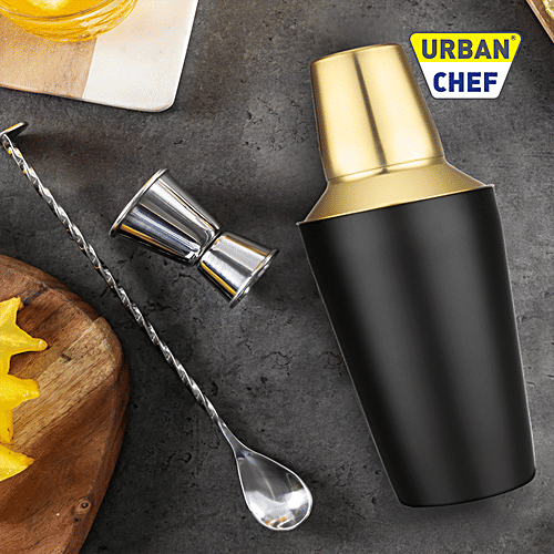 Urban Chef Cocktail Shaker - 100% Stainless Steel, Black Lacquered, Durable & Long Lasting, 500 ml  