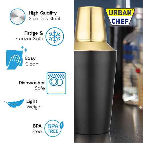 Urban Chef Cocktail Shaker - 100% Stainless Steel, Black Lacquered, Durable & Long Lasting, 500 ml  