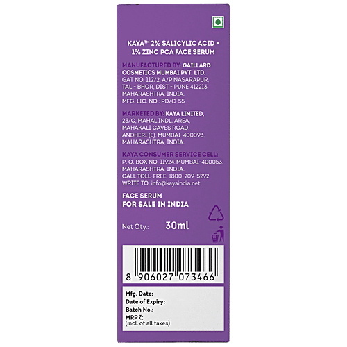 Buy Kaya 2 Salicylic Acid + 1 Zinc Pca Face Serum Acne Corrector