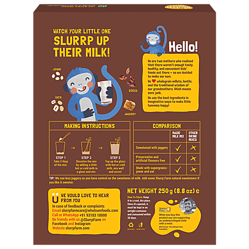 Slurrp Farm Chocolate Milk Mix - No Sugar, Sweetened With Jaggery Powder, Contains Oats & Jowar, 250 g  