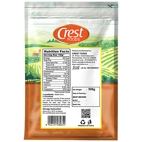 Crest Foods Frozen Sweet Corn - Fibre Rich, Helps In Digestion, 500 g Carton 