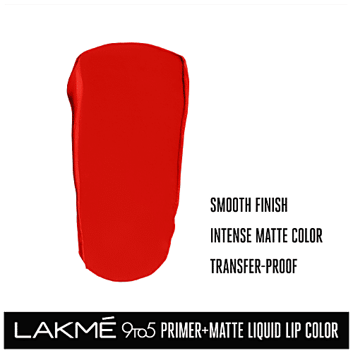Lakme 9 To 5 Primer + Matte Liquid Lip Colour - Transfer & Smudge-Proof, 4.2 ml MR1 Fiery Scarlet 