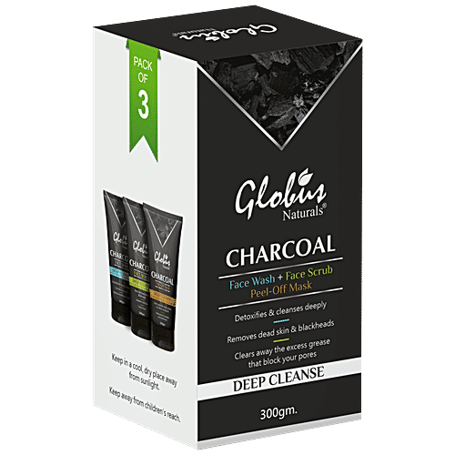 Globus Naturals Charcoal Detoxifying De-Tan Facial Kit - Fash Wash, Scrub & Peel-Off Mask, 100 g (Pack of 3)