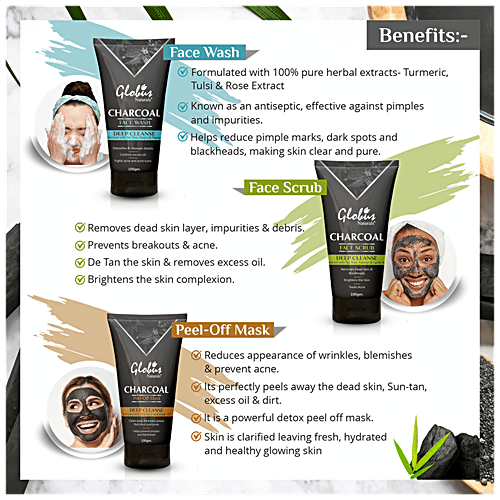 Globus Naturals Charcoal Detoxifying De-Tan Facial Kit - Fash Wash, Scrub & Peel-Off Mask, 100 g (Pack of 3)