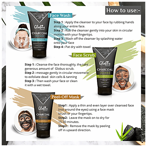 Globus Naturals Charcoal Detoxifying De-Tan Facial Kit - Fash Wash, Scrub & Peel-Off Mask, 100 g (Pack of 3)