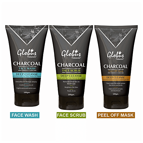Globus Naturals Charcoal Detoxifying De-Tan Facial Kit - Fash Wash, Scrub & Peel-Off Mask, 100 g (Pack of 3)