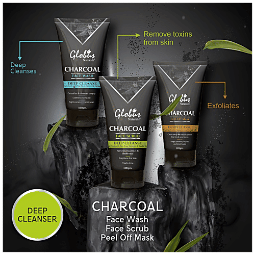 Globus Naturals Charcoal Detoxifying De-Tan Facial Kit - Fash Wash, Scrub & Peel-Off Mask, 100 g (Pack of 3)