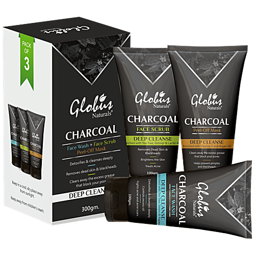 Globus Naturals Charcoal Detoxifying De-Tan Facial Kit - Fash Wash, Scrub & Peel-Off Mask, 100 g (Pack of 3)