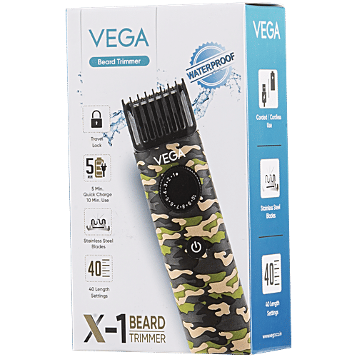 Vega X1 Beard Trimmer - Stainless Steel Blades, Quick Charge, Cordless, 40 Length Settings, 260 g (VHTH-16) 