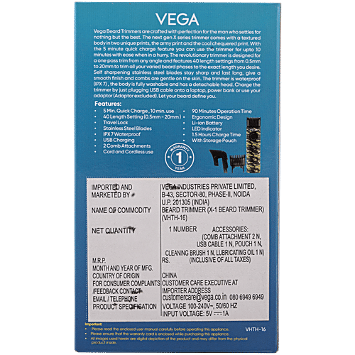 Vega X1 Beard Trimmer - Stainless Steel Blades, Quick Charge, Cordless, 40 Length Settings, 260 g (VHTH-16) 