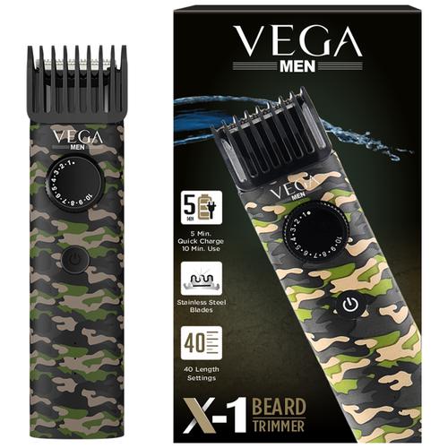 Vega X1 Beard Trimmer - Stainless Steel Blades, Quick Charge, Cordless, 40 Length Settings, 260 g (VHTH-16) 