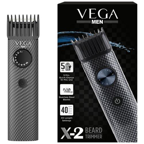 Vega X2 Beard Trimmer - Stainless Steel Blades, Quick Charge, Cordless, 40 Length Settings, 260 g (VHTH-17) 