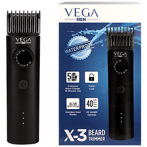 Vega X3 Beard Trimmer - Stainless Steel Blades, Quick Charge, Cordless, 40 Length Settings, 1 pc