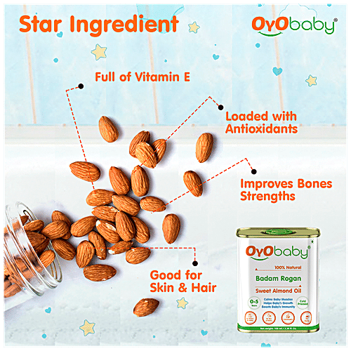 Oyo Baby Badam Rogan Sweet Almond Oil - Cold-Pressed, Calms Muscles, For Baby's Growth, 100 ml  