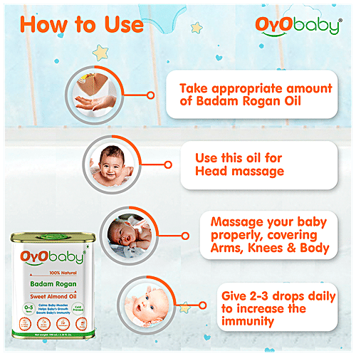 Oyo Baby Badam Rogan Sweet Almond Oil - Cold-Pressed, Calms Muscles, For Baby's Growth, 100 ml  