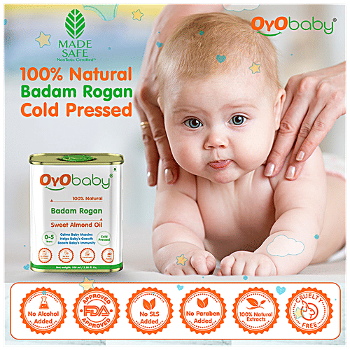 Oyo Baby Badam Rogan Sweet Almond Oil - Cold-Pressed, Calms Muscles, For Baby's Growth, 100 ml  