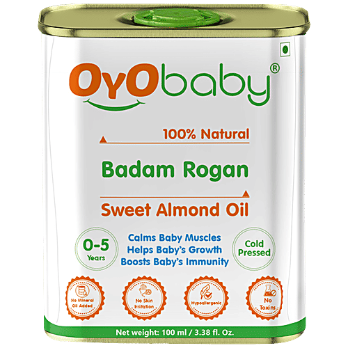 Oyo Baby Badam Rogan Sweet Almond Oil - Cold-Pressed, Calms Muscles, For Baby's Growth, 100 ml  