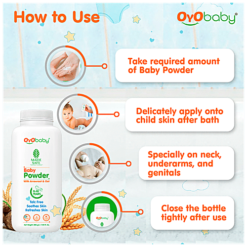 Oyo Baby Baby Powder - Arrowroot & Oat, Talc-Free, Soothes & Refreshes Skin, 0-10 Years, 200 g