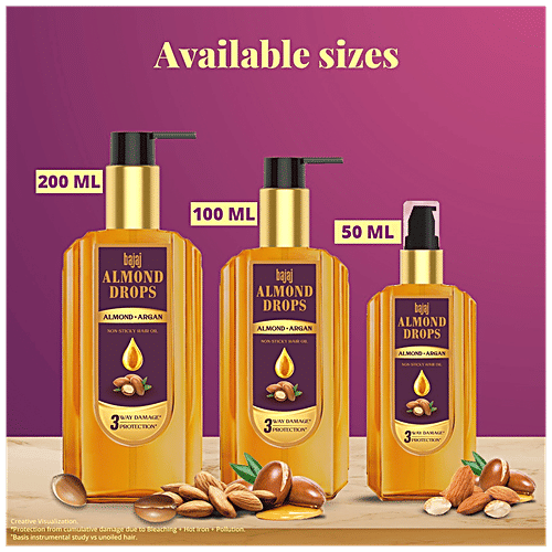 Bajaj Almond Drops Non-Sticky Hair Oil - Infused With Almond & Argan Oil, Provides 3-Way Damage Protection, 50 ml Bottle 