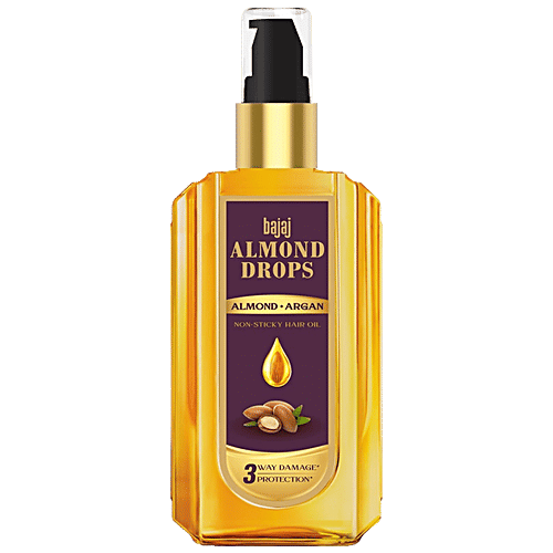 Bajaj Almond Drops Non-Sticky Hair Oil - Infused With Almond & Argan Oil, Provides 3-Way Damage Protection, 50 ml Bottle 