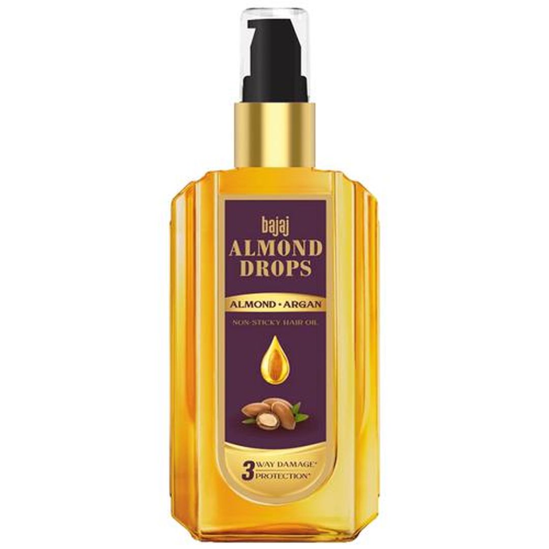 Bajaj Almond Drops Non-Sticky Hair Oil - Infused With Almond & Argan Oil, Provides 3-Way Damage Protection, 50 ml Bottle