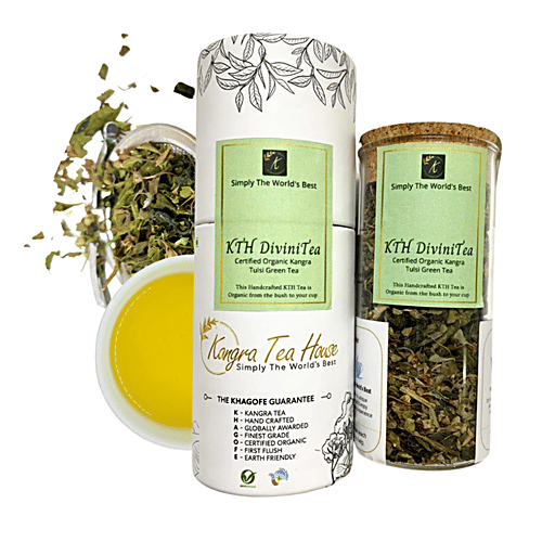 Kangra Tea House Divini Tea - Certified Organic Kangra Tulsi Green Tea, Calming, Stress Reliever, 20 g Jar 