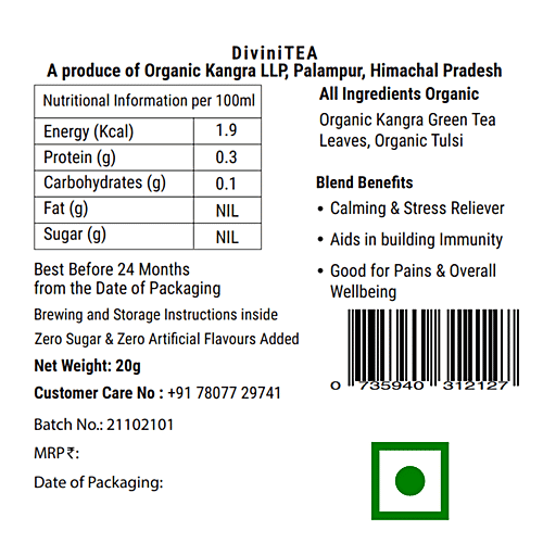 Kangra Tea House Divini Tea - Certified Organic Kangra Tulsi Green Tea, Calming, Stress Reliever, 20 g Jar 